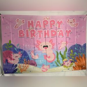 Axolotl-themed Happy Birthday Backdrop Banner (polyester) 5x3Ft. With Balloons